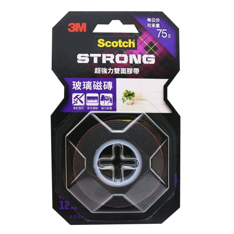 3M 玻璃磁磚V1204N SCOTCH 超強力雙面膠帶(12mm x 1.5米)