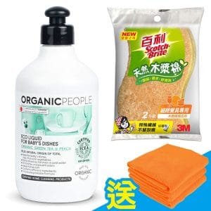 【3M x 有機生活】嬰兒專用碗盤清潔組-洗碗精/蔬果清潔劑（綠茶/蜜桃／500ml）+ 木漿棉菜瓜布《送廚房擦拭布3入》
